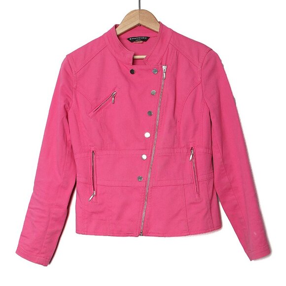Bianca Nygård Pink Spring Moto Jacket Denim Lightweight Stretch Asymmetrical - Picture 2 of 10